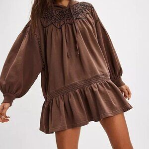Free People Marty Smocked Mini Dress Brown Hoodie Tunic Size L